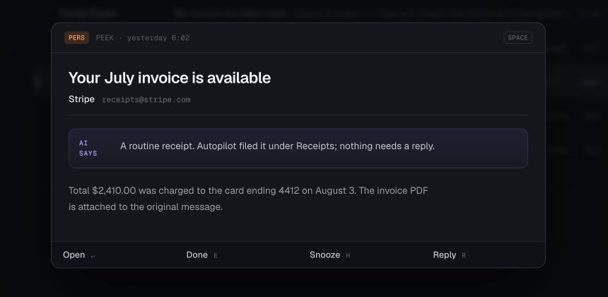 Design mockup: a peek card where an 'AI says' panel reads — a routine receipt. Autopilot filed it under Receipts; nothing needs a reply.