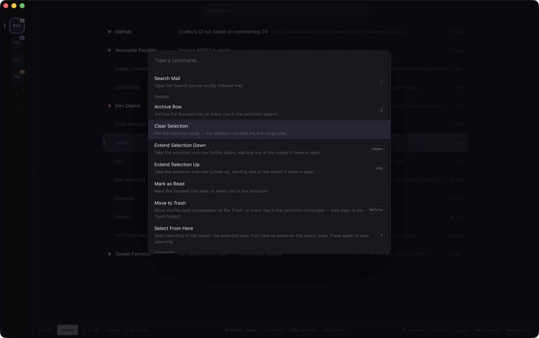 The Colibri Mail command palette open over the inbox, showing grouped commands with their shortcuts